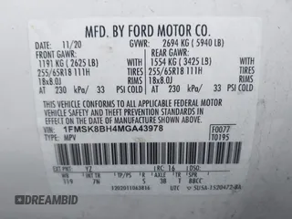 2021 Ford Explorer with VIN 1FMSK8BH4MGA43978, listed as a IAAI auction lot 41626792 with 112,371 mi miles. Bid and sale history available at carsss.com. Image 9.