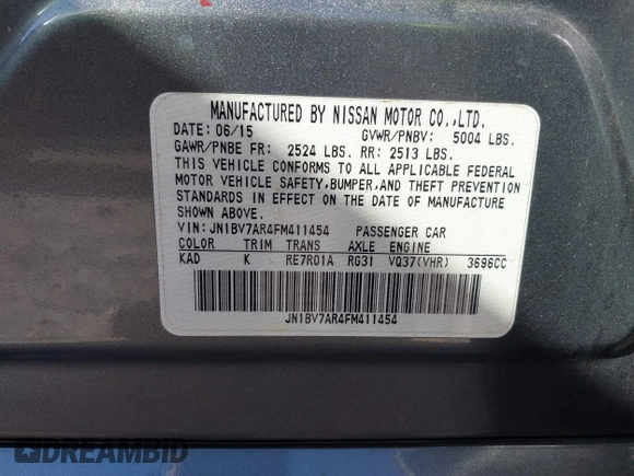 2015 Infiniti Q50 Premium with VIN JN1BV7AR4FM411454, listed as a IAAI auction lot 41707936 with 1 mi miles. Bid and sale history available at carsss.com. Image 9.