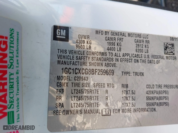 2011 Chevrolet Silverado 2500HD LT with VIN 1GC1CXCG8BF259669, listed as a IAAI auction lot 41710636 with 214,170 mi miles. Bid and sale history available at carsss.com. Image 9.