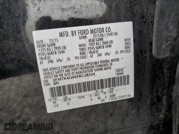 2015 Ford Edge SE with VIN 2FMTK4G95FBC28324, listed as a Copart auction lot 47530165 with Not provided miles and Salvage title. Bid and sale history available at DreamBid. Image 12.
