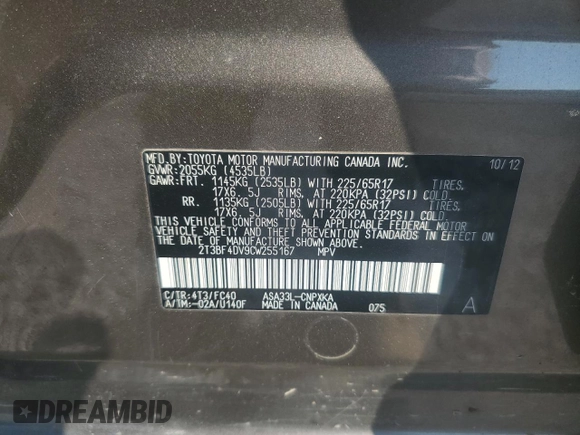 2012 Toyota RAV4 with VIN 2T3BF4DV9CW255167, listed as a Copart auction lot 61199905 with 132,735 mi miles and Salvage title. Bid and sale history available at DreamBid. Image 13.