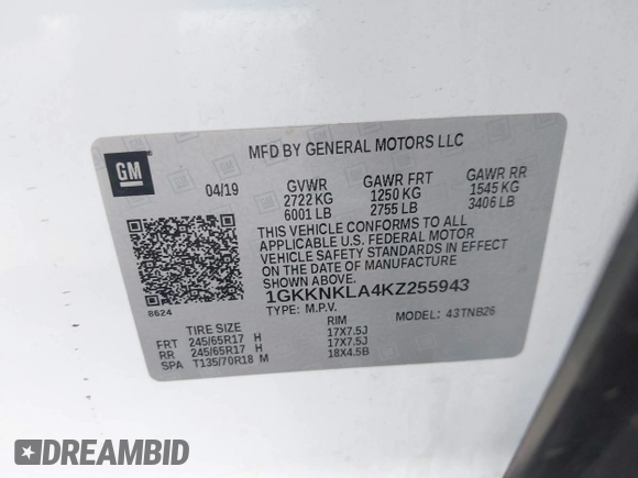 2019 GMC Acadia SLE with VIN 1GKKNKLA4KZ255943, listed as a IAAI auction lot 40596350 with 153,925 mi miles. Bid and sale history available at carsss.com. Image 9.