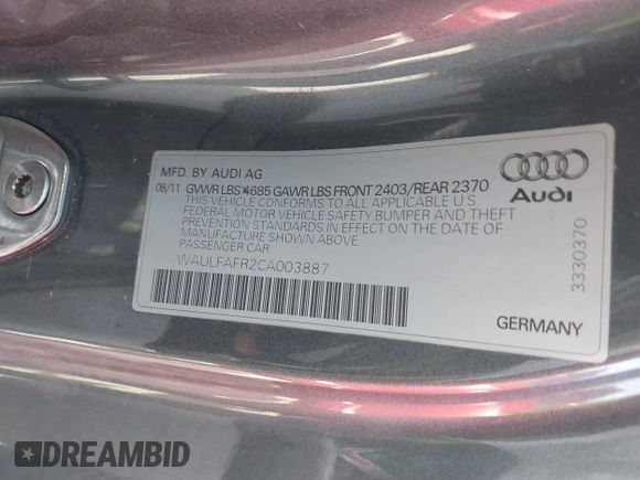 2012 Audi A5 Premium Plus z VIN WAULFAFR2CA003887, wystawiony jako IAAI lot #41829309 z przebiegiem 120 489 mil mil oraz . Historia ofert i sprzedaży dostępna na DreamBid. Obrazek 9.