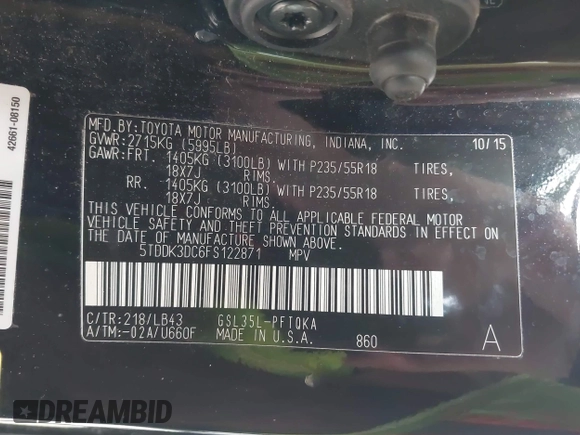 2015 Toyota Sienna Ltd with VIN 5TDDK3DC6FS122871, listed as a IAAI auction lot 41396052 with 133,161 mi miles. Bid and sale history available at carsss.com. Image 9.