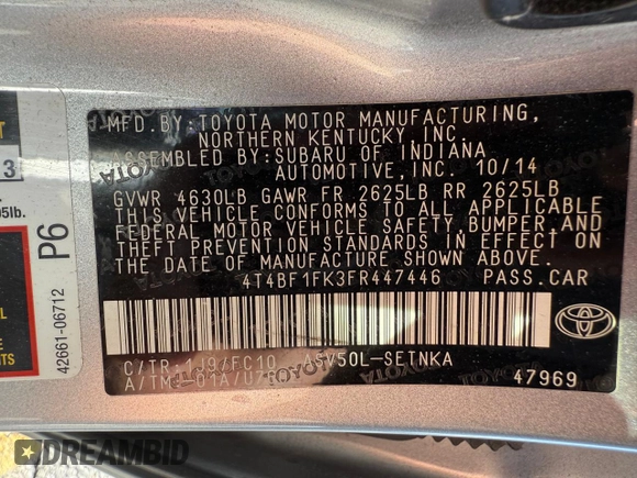 2015 Toyota Camry XLE with VIN 4T4BF1FK3FR447446, listed as a Copart auction lot 55267255 with 207,189 mi miles and Clean Title. Bid and sale history available at carsss.com. Image 10.