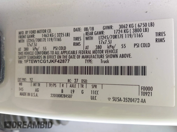 2018 Ford F-150 XL с VIN 1FTEW1CG1JKF42877, выставлен на аукционе IAAI как лот 42362036 с пробегом 192 935 миль миль и . История ставок и продаж доступна на DreamBid. Изображение 9.