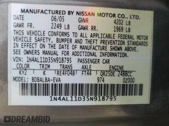 2005 Nissan Altima 2.5 with VIN 1N4AL11D35N918795, listed as a Copart auction lot 50006295 with 93,425 mi miles and Salvage Title. Bid and sale history available at carsss.com. Image 15.