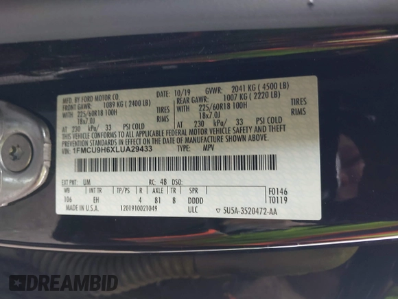 2020 Ford Escape SEL z VIN 1FMCU9H6XLUA29433, wystawiony jako IAAI lot #42446183 z przebiegiem 52 089 mil mil oraz . Historia ofert i sprzedaży dostępna na DreamBid. Obrazek 9.