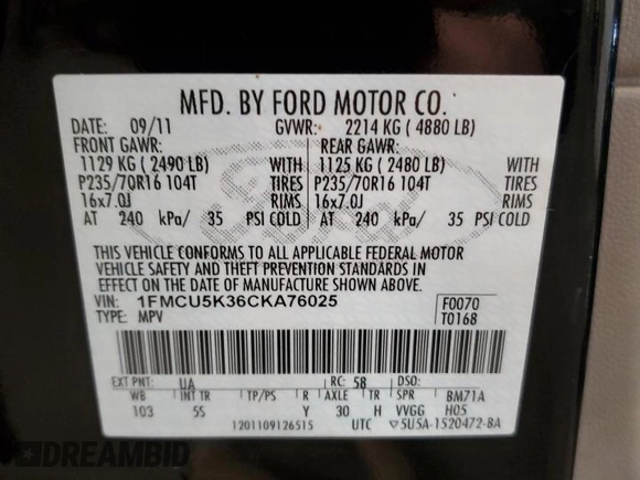 2012 Ford Escape Hybrid z VIN 1FMCU5K36CKA76025, wystawiony jako Copart lot #56132425 z przebiegiem Nie podano mil oraz Czysty tytuł • Clean title. Historia ofert i sprzedaży dostępna na DreamBid. Obrazek 13.