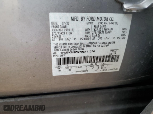 2022 Ford Explorer Platinum with VIN 1FM5K8HW2NNA11076, listed as a Copart auction lot 87486124 with 13,529 mi miles and Salvage Title. Bid and sale history available at carsss.com. Image 13.