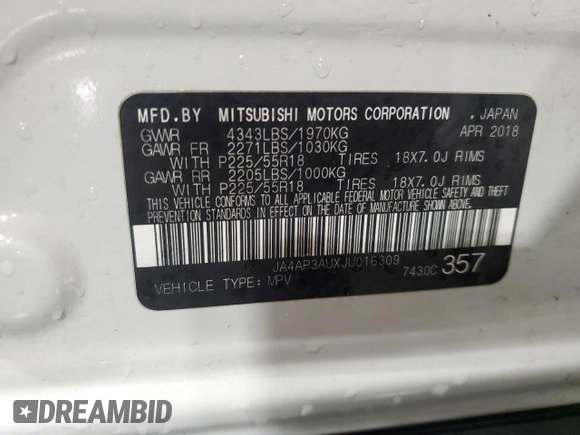 2018 Mitsubishi Outlander ES z VIN JA4AP3AUXJU016309, wystawiony jako Copart lot #58558895 z przebiegiem 68 421 mil mil oraz Szkoda całkowita • Salvage title. Historia ofert i sprzedaży dostępna na DreamBid. Obrazek 14.