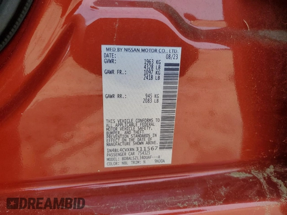 2024 Nissan Altima SR with VIN 1N4BL4CVXRN311567, listed as a Copart auction lot 56113005 with 29,901 mi miles and Salvage title. Bid and sale history available at DreamBid. Image 12.