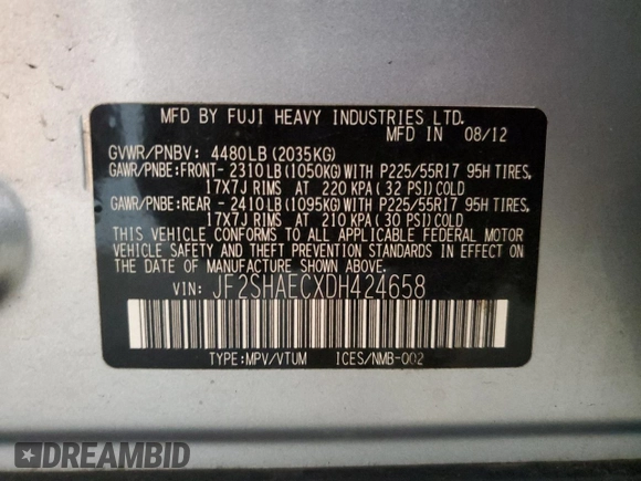 2013 Subaru Forester X Limited z VIN JF2SHAECXDH424658, wystawiony jako Copart lot #57326425 z przebiegiem 138 459 mil mil oraz Szkoda całkowita • Salvage title. Historia ofert i sprzedaży dostępna na DreamBid. Obrazek 13.