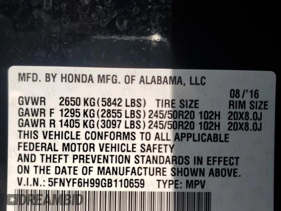 2016 Honda Pilot Touring with VIN 5FNYF6H99GB110659, listed as a Copart auction lot 53209425 with 78,223 mi miles and Clean Title. Bid and sale history available at carsss.com. Image 13.