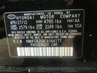 2012 Hyundai Azera with VIN KMHFG4JG8CA164177, listed as a IAAI auction lot 42787380 with 160,980 mi miles and . Bid and sale history available at DreamBid. Image 9.