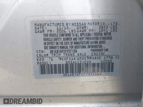 2015 Nissan Sentra SR with VIN 3N1AB7AP2FY371164, listed as a IAAI auction lot 39242588 with 111,479 mi miles and . Bid and sale history available at DreamBid. Image 9.