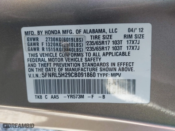 2012 Honda Odyssey LX with VIN 5FNRL5H29CB091860, listed as a IAAI auction lot 42000688 with 295,551 mi miles. Bid and sale history available at carsss.com. Image 9.