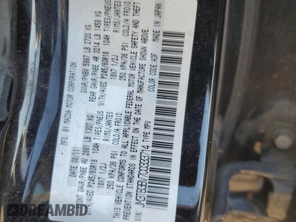 2012 Mazda CX-9 Sport with VIN JM3TB3BV7C0333714, listed as a Copart auction lot 77654894 with 192,612 mi miles and Salvage Title. Bid and sale history available at carsss.com. Image 12.