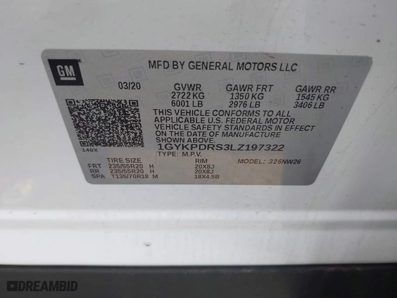 2020 Cadillac XT6 AWD Premium Luxury with VIN 1GYKPDRS3LZ197322, listed as a IAAI auction lot 41722467 with NaN miles. Bid and sale history available at carsss.com. Image 9.