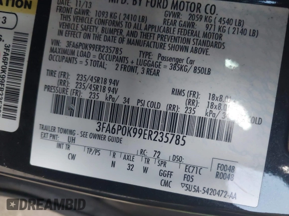2014 Ford Fusion Titanium with VIN 3FA6P0K99ER235785, listed as a IAAI auction lot 41946638 with 212,939 mi miles and . Bid and sale history available at DreamBid. Image 9.