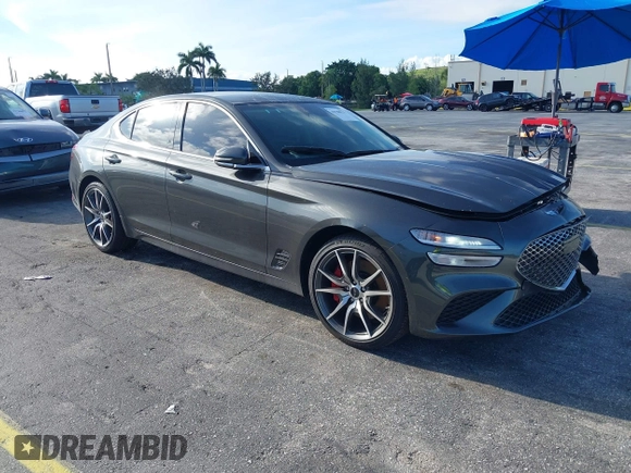 2025 Genesis G70 2.5T with VIN KMTG34SC7SU156246, listed as a IAAI auction lot 42788575 with 7,842 mi miles and . Bid and sale history available at DreamBid. Image 1.