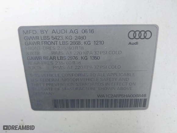 2017 Audi Q5 Premium with VIN WA1C2AFP5HA006846, listed as a IAAI auction lot 41560596 with 159,656 mi miles. Bid and sale history available at carsss.com. Image 9.