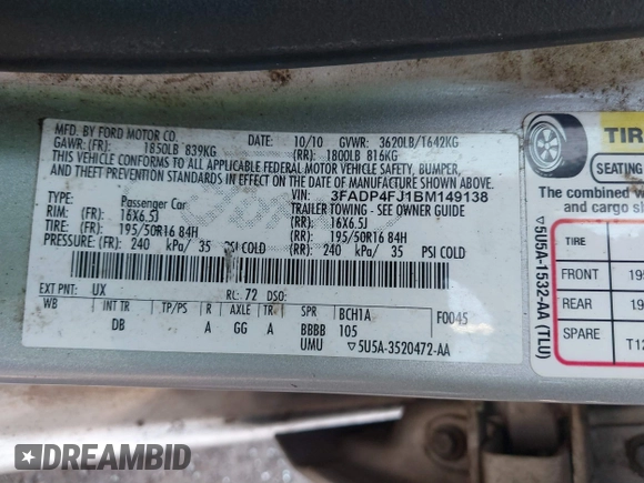 2011 Ford Fiesta SES with VIN 3FADP4FJ1BM149138, listed as a IAAI auction lot 41612288 with 131,798 mi miles. Bid and sale history available at carsss.com. Image 9.