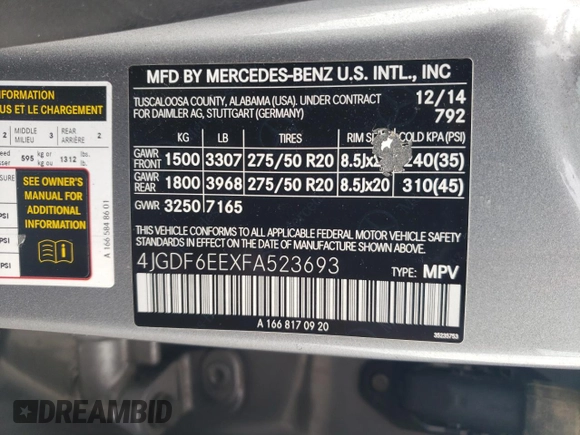 2015 Mercedes-Benz GL-Class GL 450 with VIN 4JGDF6EEXFA523693, listed as a Copart auction lot 71162193 with 141,708 mi miles. Bid and sale history available at carsss.com. Image 14.