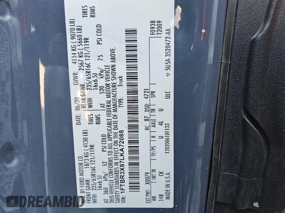 2020 Ford Transit Cargo with VIN 1FTBR3X87LKA72088, listed as a Copart auction lot 75044814 with 73,961 mi miles and Clean Title. Bid and sale history available at DreamBid. Image 13.