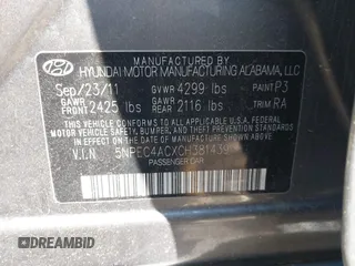2012 Hyundai Sonata 2.4L Limited PZEV with VIN 5NPEC4ACXCH381439, listed as a IAAI auction lot 41996526 with 215,920 mi miles. Bid and sale history available at carsss.com. Image 9.