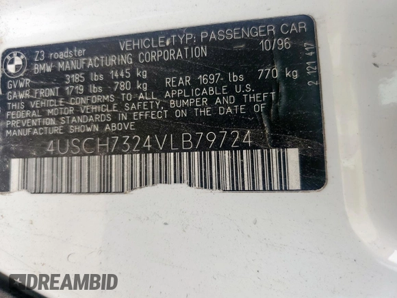 1997 BMW 3 Series Z3 1.9 z VIN 4USCH7324VLB79724, wystawiony jako Copart lot #59796475 z przebiegiem 141 737 mil mil oraz Szkoda całkowita • Salvage title. Historia ofert i sprzedaży dostępna na DreamBid. Obrazek 12.