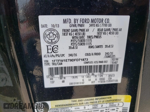 2013 Ford F-150 XL с VIN 1FTFW1ET9DFD71873, выставлен на аукционе Copart как лот 54955005 с пробегом Не указан миль и Списание • Salvage title. История ставок и продаж доступна на DreamBid. Изображение 12.
