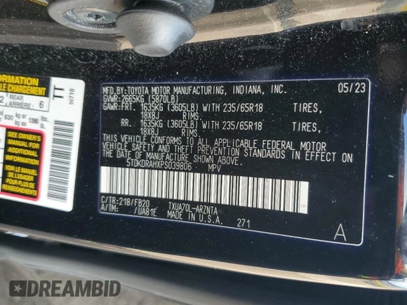 2023 Toyota Highlander L z VIN 5TDKDRAHXPS039806, wystawiony jako Copart lot #55960845 z przebiegiem 33 971 mil mil oraz Nie do naprawy • Non repairable. Historia ofert i sprzedaży dostępna na DreamBid. Obrazek 12.
