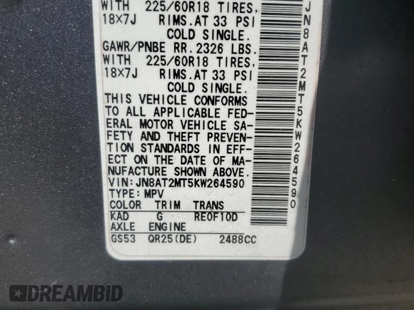 2019 Nissan Rogue SV with VIN JN8AT2MT5KW264590, listed as a Copart auction lot 55250955 with 0 mi miles and Non Repairable. Bid and sale history available at carsss.com. Image 13.