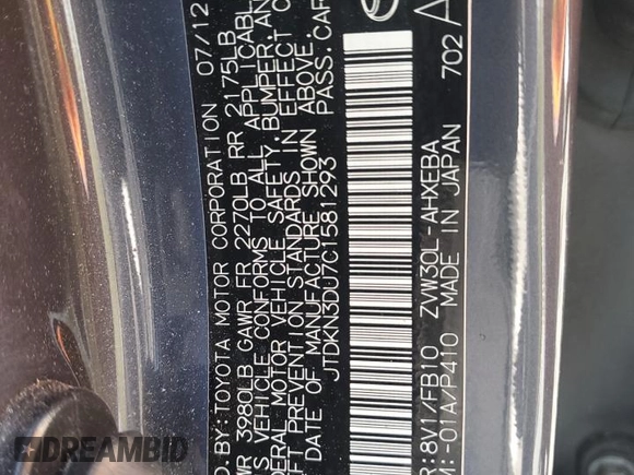2012 Toyota Prius One with VIN JTDKN3DU7C1581293, listed as a Copart auction lot 53319285 with 181,618 mi miles and Salvage Title. Bid and sale history available at DreamBid. Image 12.