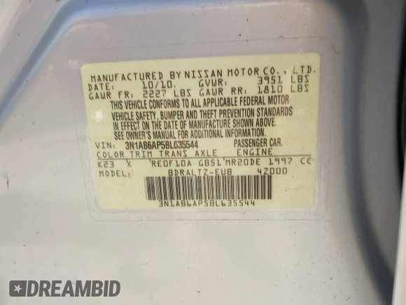 2011 Nissan Sentra SL with VIN 3N1AB6AP5BL635544, listed as a IAAI auction lot 42642490 with 121,968 mi miles and . Bid and sale history available at DreamBid. Image 9.