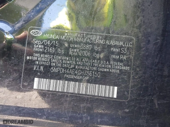 2016 Hyundai Elantra SE with VIN 5NPDH4AE4GH756150, listed as a IAAI auction lot 41600344 with 119,367 mi miles. Bid and sale history available at carsss.com. Image 9.