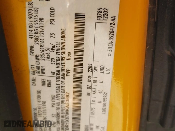 2021 Ford Transit Cargo z VIN 1FTBR1X87MKA53692, wystawiony jako Copart lot #60578005 z przebiegiem 86 989 mil mil oraz Czysty tytuł • Clean title. Historia ofert i sprzedaży dostępna na DreamBid. Obrazek 13.