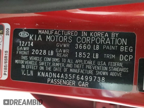 2015 Kia Rio EX with VIN KNADN4A35F6499738, listed as a Copart auction lot 45329805 with 99,029 mi miles and Salvage Title. Bid and sale history available at carsss.com. Image 15.