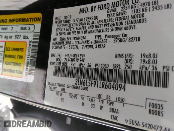 2020 Lincoln MKZ Reserve with VIN 3LN6L5F91LR604094, listed as a IAAI auction lot 41574599 with 72,508 mi miles. Bid and sale history available at carsss.com. Image 9.