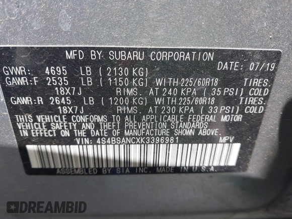 2019 Subaru Outback Limited with VIN 4S4BSANCXK3396981, listed as a IAAI auction lot 41772718 with 54,731 mi miles and . Bid and sale history available at DreamBid. Image 9.