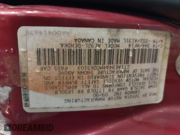 1991 Toyota Corolla with VIN 2T1AE94A4MC063109, listed as a IAAI auction lot 41357536 with 81,958 mi miles and . Bid and sale history available at DreamBid. Image 9.