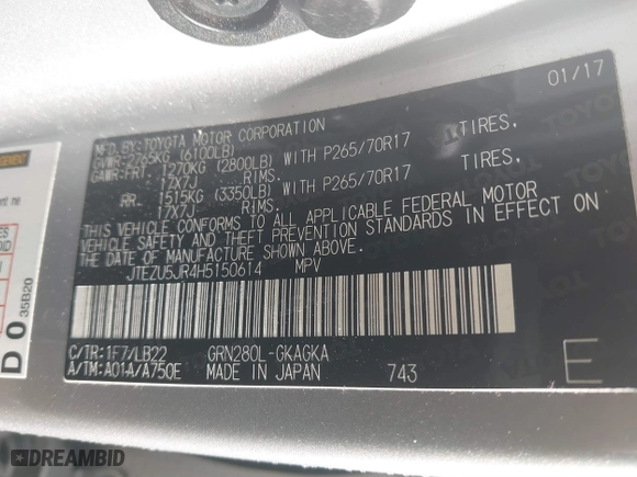 2017 Toyota 4Runner SR5 with VIN JTEZU5JR4H5150614, listed as a IAAI auction lot 41492357 with 75,721 mi miles. Bid and sale history available at carsss.com. Image 9.