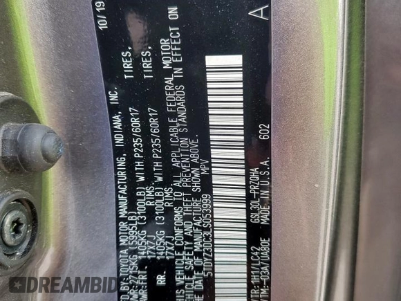 2020 Toyota Sienna XLE Auto Access Seat с VIN 5TDYZ3DC3LS053999, выставлен на аукционе Copart как лот 55379895 с пробегом 86 762 миль миль и Списание • Salvage title. История ставок и продаж доступна на DreamBid. Изображение 13.