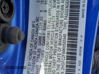 2019 Honda Civic Sport with VIN 2HGFC2F84KH585949, listed as a Copart auction lot 49404105 with 100,886 mi miles and Salvage Title. Bid and sale history available at DreamBid. Image 12.