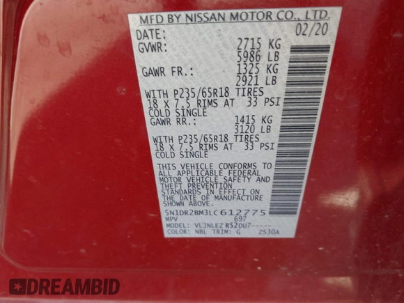 2020 Nissan Pathfinder SV with VIN 5N1DR2BM3LC612775, listed as a IAAI auction lot 42203759 with 85,247 mi miles and . Bid and sale history available at DreamBid. Image 9.