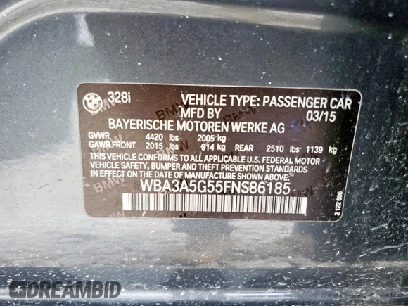 2015 BMW 3 Series 328i z VIN WBA3A5G55FNS86185, wystawiony jako Copart lot #59115875 z przebiegiem Nie podano mil oraz Szkoda całkowita • Salvage title. Historia ofert i sprzedaży dostępna na DreamBid. Obrazek 12.