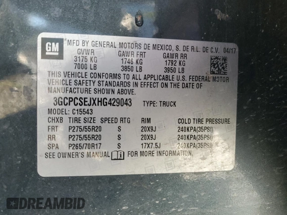 2017 Chevrolet Silverado 1500 LTZ with VIN 3GCPCSEJXHG429043, listed as a Copart auction lot 81534204 with Not Provided miles and Salvage Title. Bid and sale history available at DreamBid. Image 13.