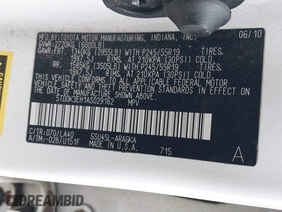 2010 Toyota Highlander Limited with VIN 5TDDK3EH1AS029162, listed as a IAAI auction lot 41313080 with 143,738 mi miles and . Bid and sale history available at DreamBid. Image 9.