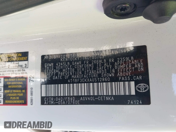 2010 Toyota Camry with VIN 4T1BF3EKXAU512860, listed as a IAAI auction lot 41590070 with 212,659 mi miles and . Bid and sale history available at DreamBid. Image 9.